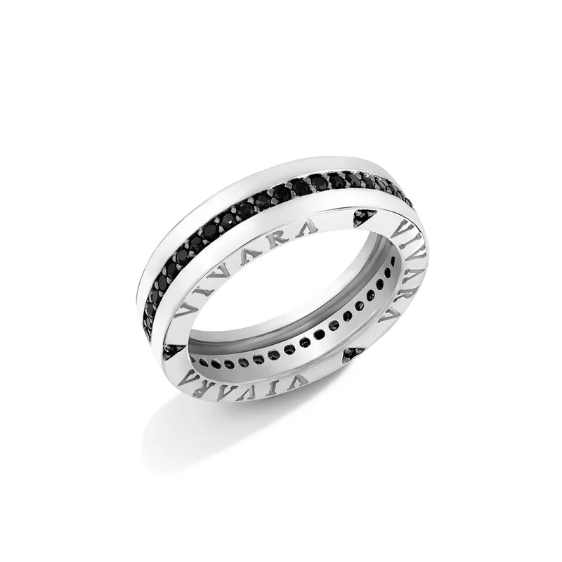Anel V Love em semi Prata 925 com Safiras Negras