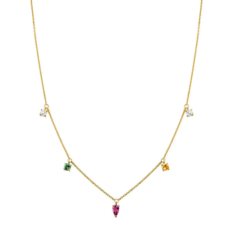 Colar Cores banhado Ouro Amarelo e Ouro Rosé com Citrino, Rodolita, Turmalina Verde e Topázios Incolores, 50cm