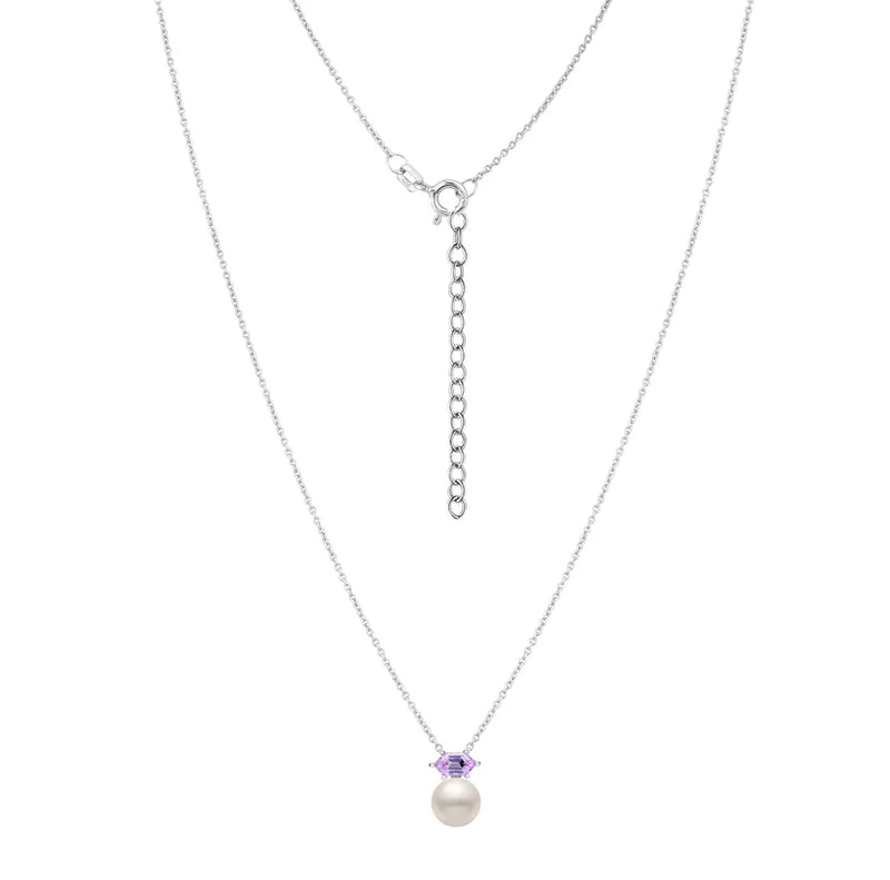 Colar Lavanda em semi Prata 925 com Pérola e Ametista Roxa, 45cm