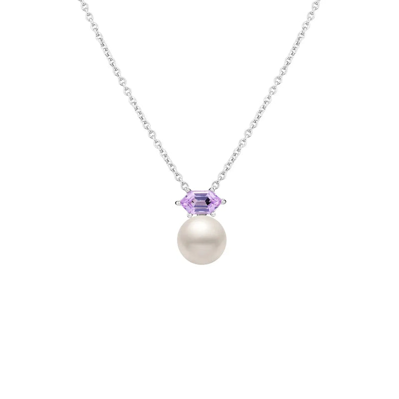Colar Lavanda em semi Prata 925 com Pérola e Ametista Roxa, 45cm
