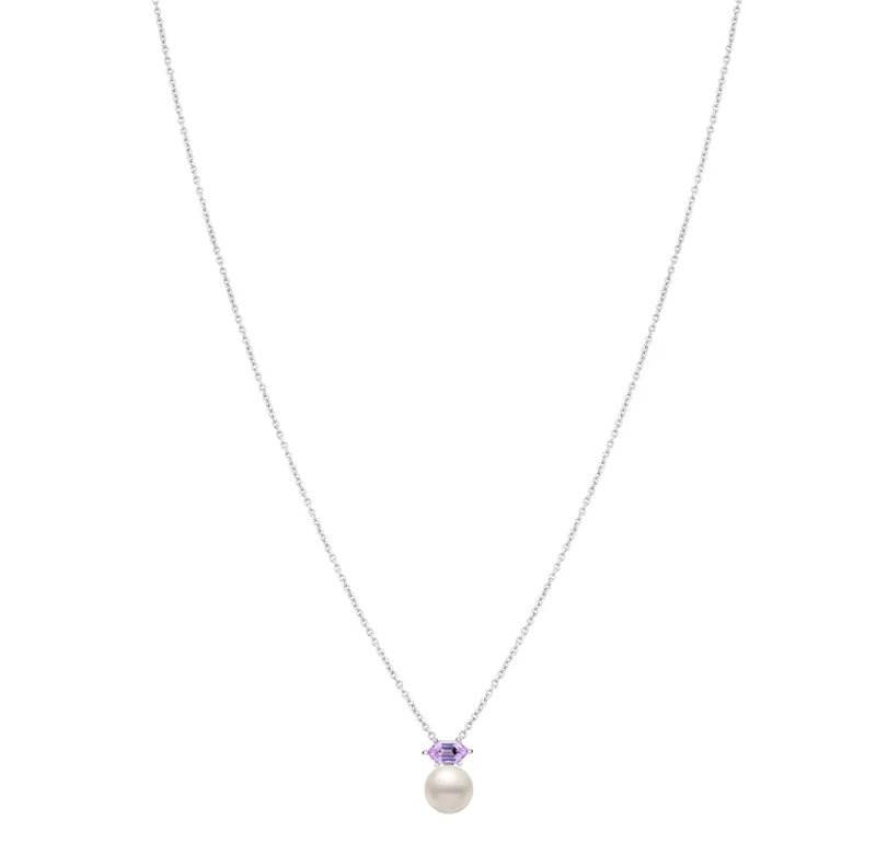 Colar Lavanda em semi Prata 925 com Pérola e Ametista Roxa, 45cm