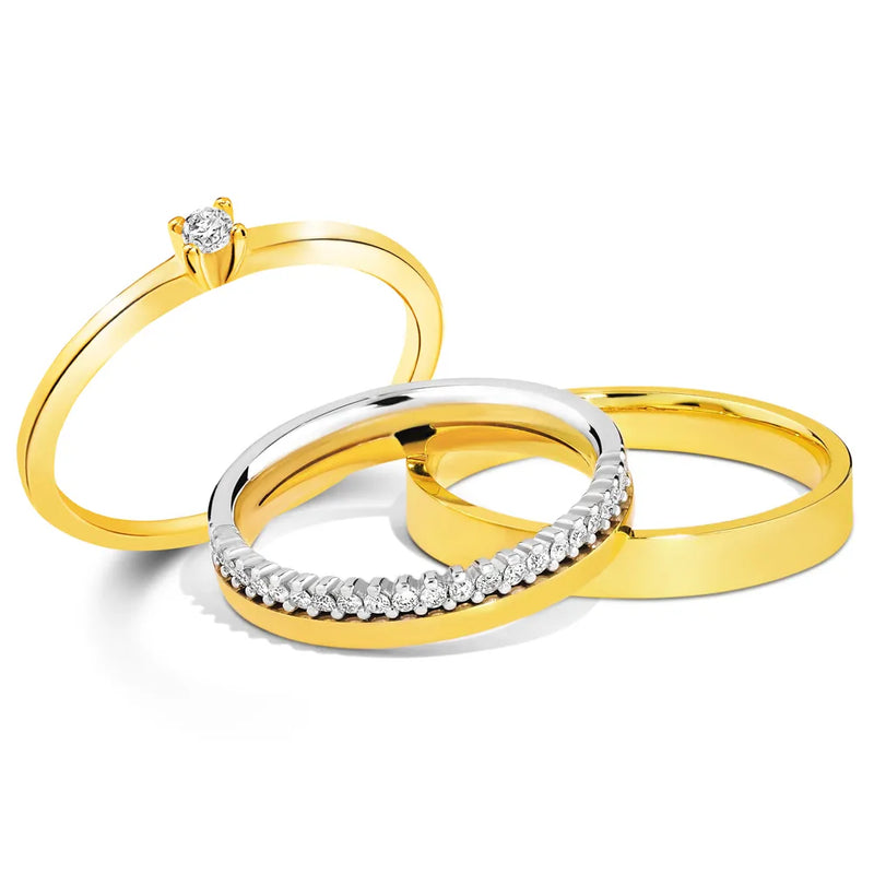 Conjunto Alianças Essence e Solitário Classic banhado Ouro Amarelo e Ouro Branco com Diamantes