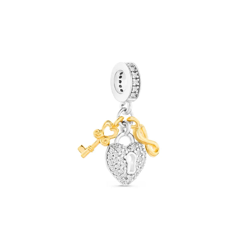 Pingente Life Amor Cadeado em Prata 925 com banhado de Ouro Amarelo e Pedras Incolores