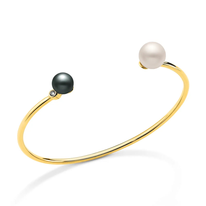 Pulseira Una banhado Ouro Amarelo com Pérola Branca, Pérola Negra e Zircônio