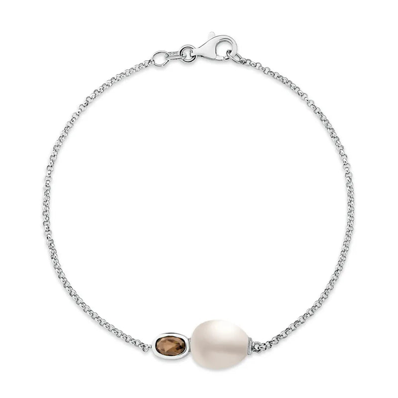 Pulseira em semi Prata 925 com Pérola e Quartzos Fumê